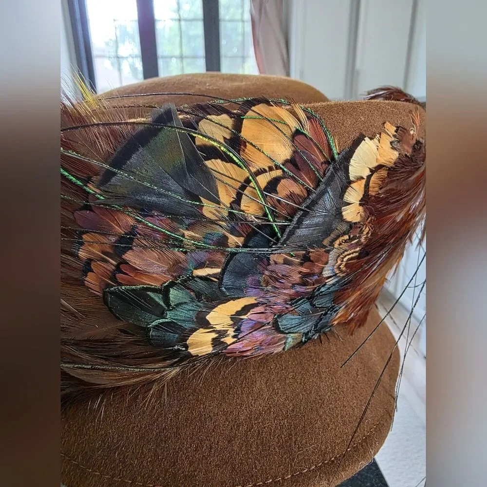 Vtg Peacock Feather Pheasant Hat B. Michael Mysha Brown Felt 21' Derby Racetrack - Picture 4 of 14